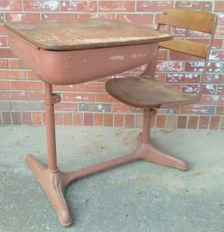 Vintage Child ' S School Desk & Chair Wood And Metal American Seating Co photo