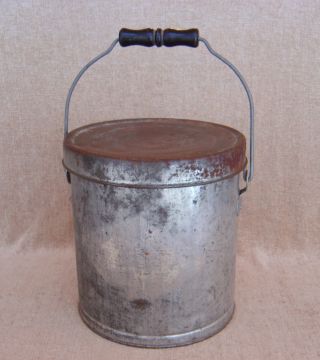 Vintage Primitive Milk Cream Metal Pail Bucket And Lid Cover Black Wood Handle photo