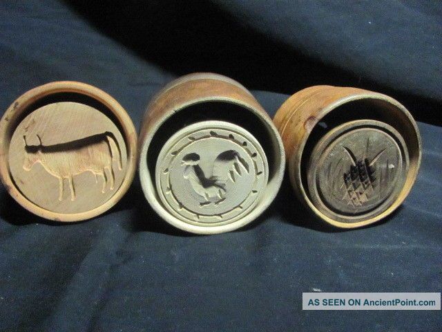 3 Folk Art Wooden Butter Molds Prints Press Stamp Cow Rooster Chicken Thistle Primitives photo