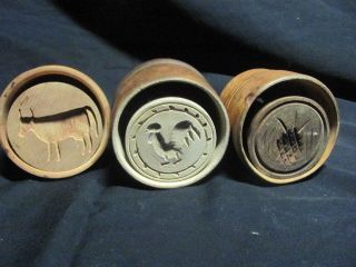 3 Folk Art Wooden Butter Molds Prints Press Stamp Cow Rooster Chicken Thistle photo