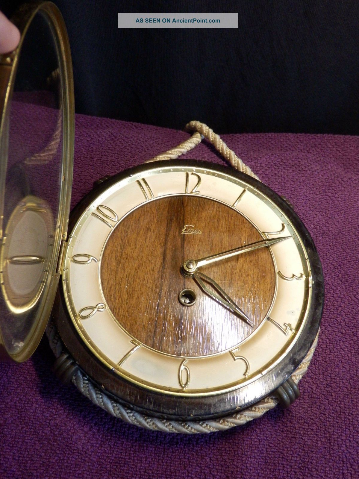 Vtg.  Rare Wooden Midcentury Rope Nautic Hanging Wind - Up Clock Watch Emes Germany Clocks photo