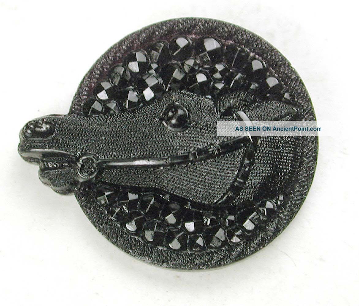 Antique Black Glass Button Race Horse Head On Faceted Circal 5/8 