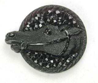 Antique Black Glass Button Race Horse Head On Faceted Circal 5/8 
