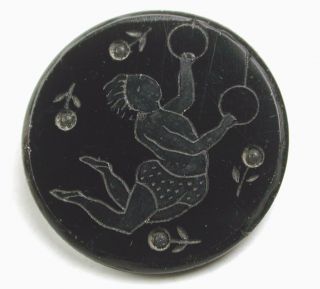 Antique Button Black Glass Circus Acrobat On Rings Over 1 Inch Scarce photo
