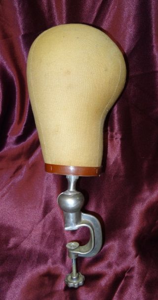 Industrial Mold Hat Form Wig Stand Cast Iron Clamp Wood & Cloth photo
