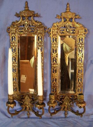 2 Antique Ornate Solid Brass Wall Sconces Candelabra Louis Xvi Mirrors Dolphins photo