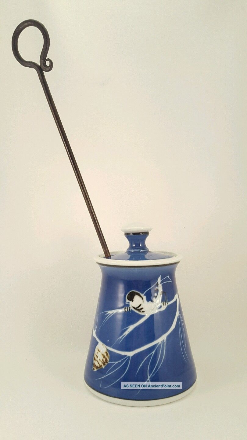Ceramic Handmade Fire Starter Smudge Pot W/ Pumice Stone Iron Rod Blue Bird Hearth Ware photo