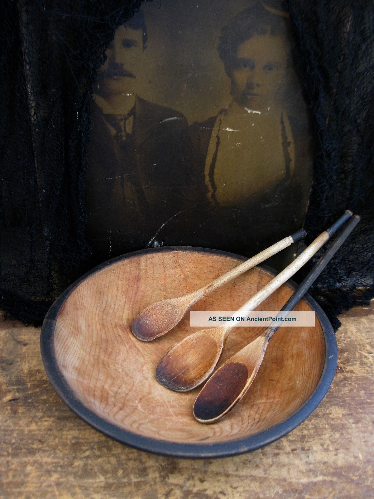 3 Primitive Antique Wood Stirring Spoons Dry Black Milk Paint Primitives photo