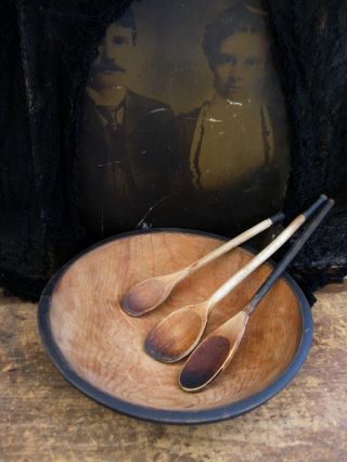 3 Primitive Antique Wood Stirring Spoons Dry Black Milk Paint photo