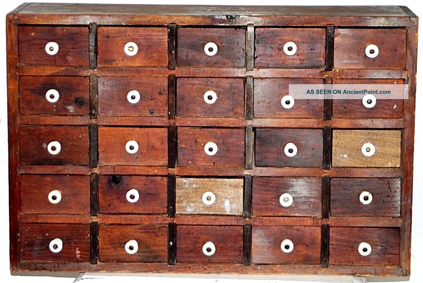 Antique 25 Drawer Apothecary / Druggist / Watchmakers Cabinet W/ Porcelain Knobs 1800-1899 photo