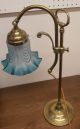 Edwardian Brass Rise And Fall Table Lamp With Blue Glass Shade.  Lovely Piece. Edwardian (1901-1910) photo 1