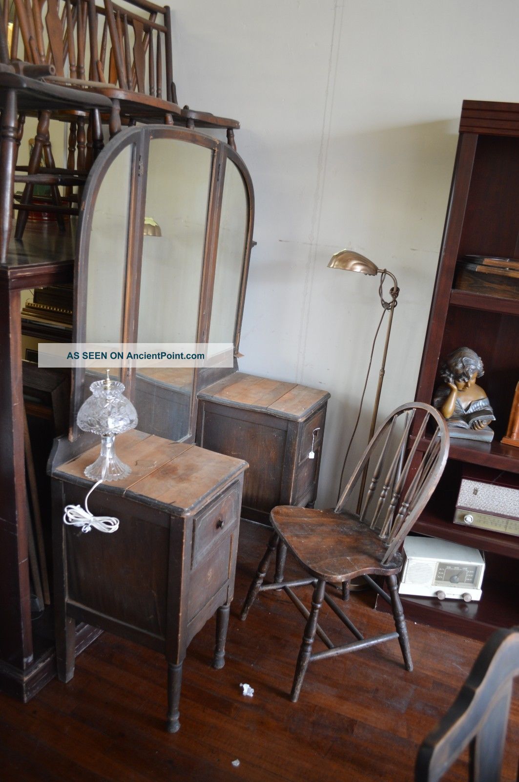 Antique Primitive Rustic Vanity Triple Mirror Unrestored Drawers Dresser 1900-1950 photo