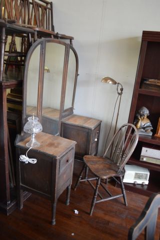 Antique Primitive Rustic Vanity Triple Mirror Unrestored Drawers Dresser photo