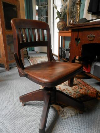 Fabulous Small Vtg Antique Wood Sikes Office Swivel Castor Chair Walnut photo