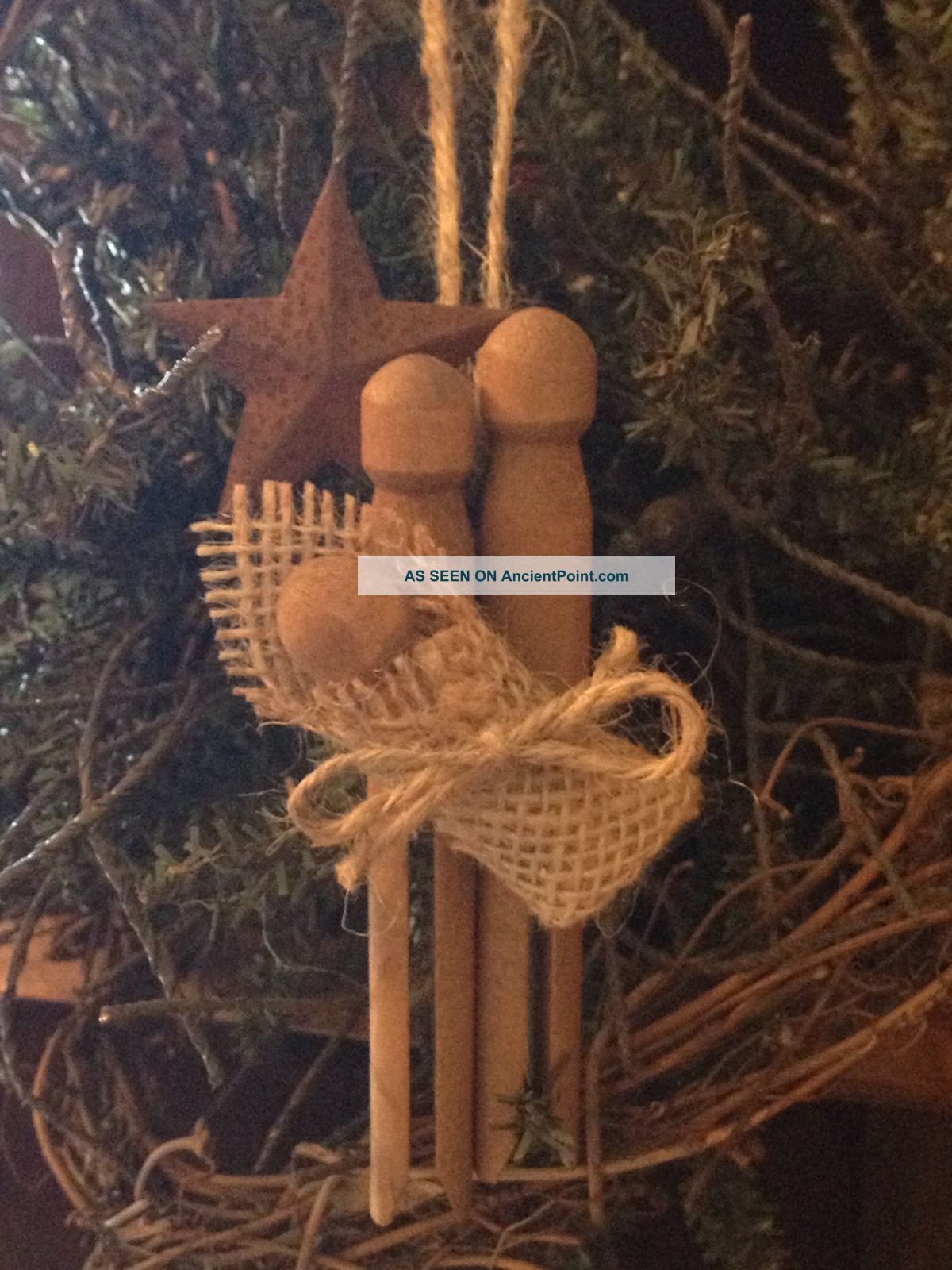 Primitive Christmas Nativity Rusty Tin Barn Star Wood Clothespin Ornament Burlap Primitives photo