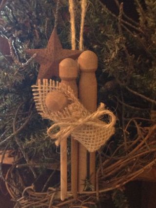 Primitive Christmas Nativity Rusty Tin Barn Star Wood Clothespin Ornament Burlap photo
