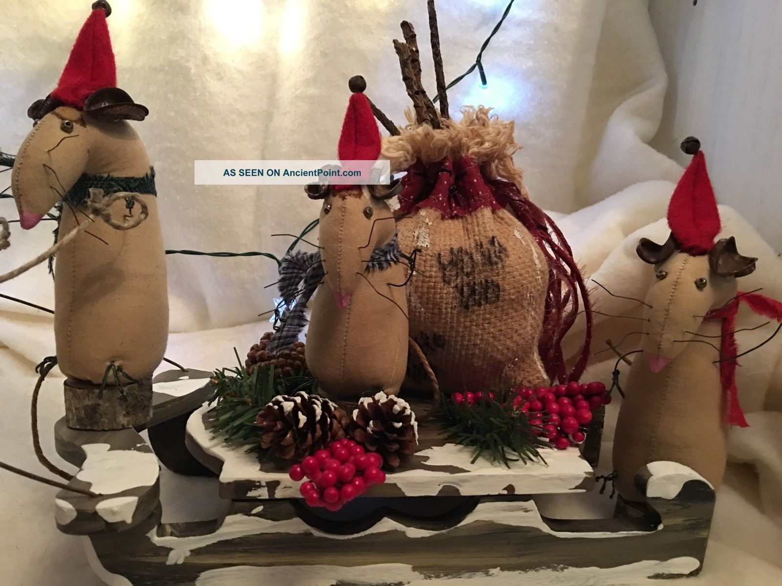 Primitive Christmas Sleigh & Reindeer With Christmas Mice Trio Village Scene Primitives photo