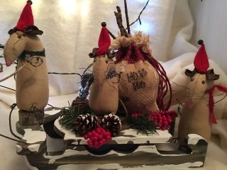 Primitive Christmas Sleigh & Reindeer With Christmas Mice Trio Village Scene photo