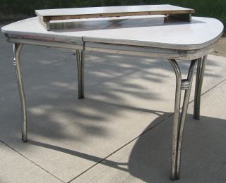 Vintage 1950 ' S Chrome & Formica Table W/ 1 Leaf,  Grey Woven Pattern On Table Top photo