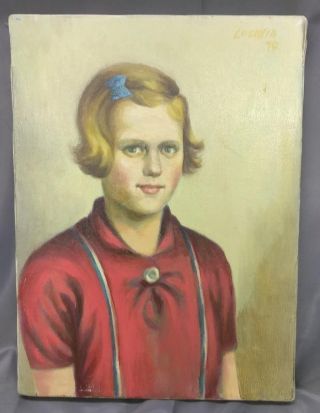 Old Vintage Portrait Painting Of A Woman Lady Girl On Canvas Artist Signed photo