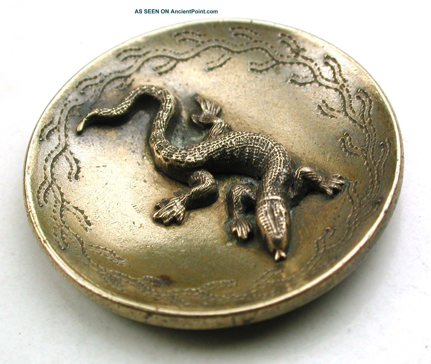 Antique Brass Cup Button Detailed Lizard Escutcheon W/ Etched Accents - 1 