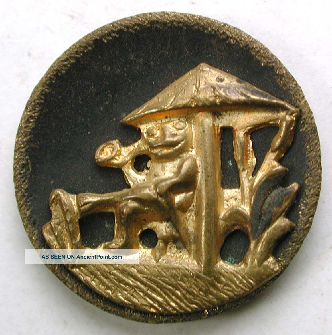 Antique Brass Buttons Frog Smoking Pipe Under Toadstool - 11/16 