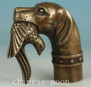 Gothic Chinese Old Bronze Hand Carved Dog Bird Statue Cane Walking Stick Head photo