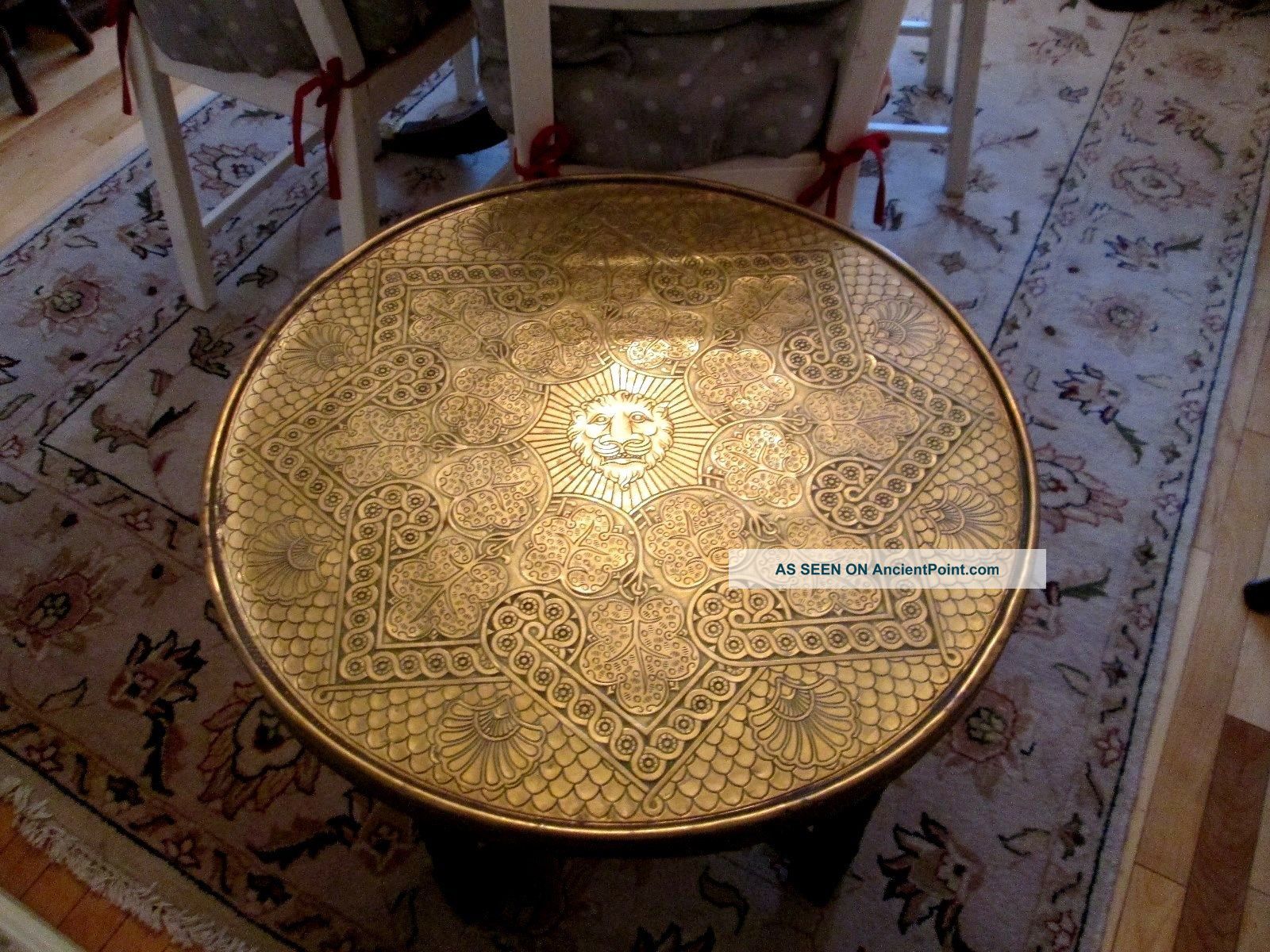 Antique Islamic Embossed Brass Top Table With Fold Flat Wooden Barley Twist Legs Middle East photo