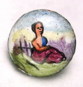 Dimi Antique French Enamel Button Young Woman In Grassy Field Pictorial - 5/16 