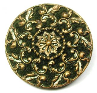 Lg Sz Antique Velvet Lined Brass Button Fancy Floral Type Design - 1 & 7/16 