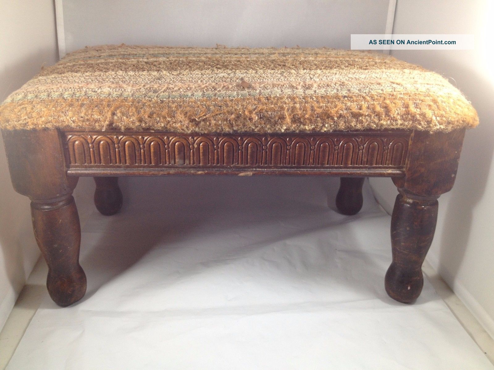 Antique Foot Stool Pressed Apron Small Wood Fabric Cover Top Sturdy 1800-1899 photo