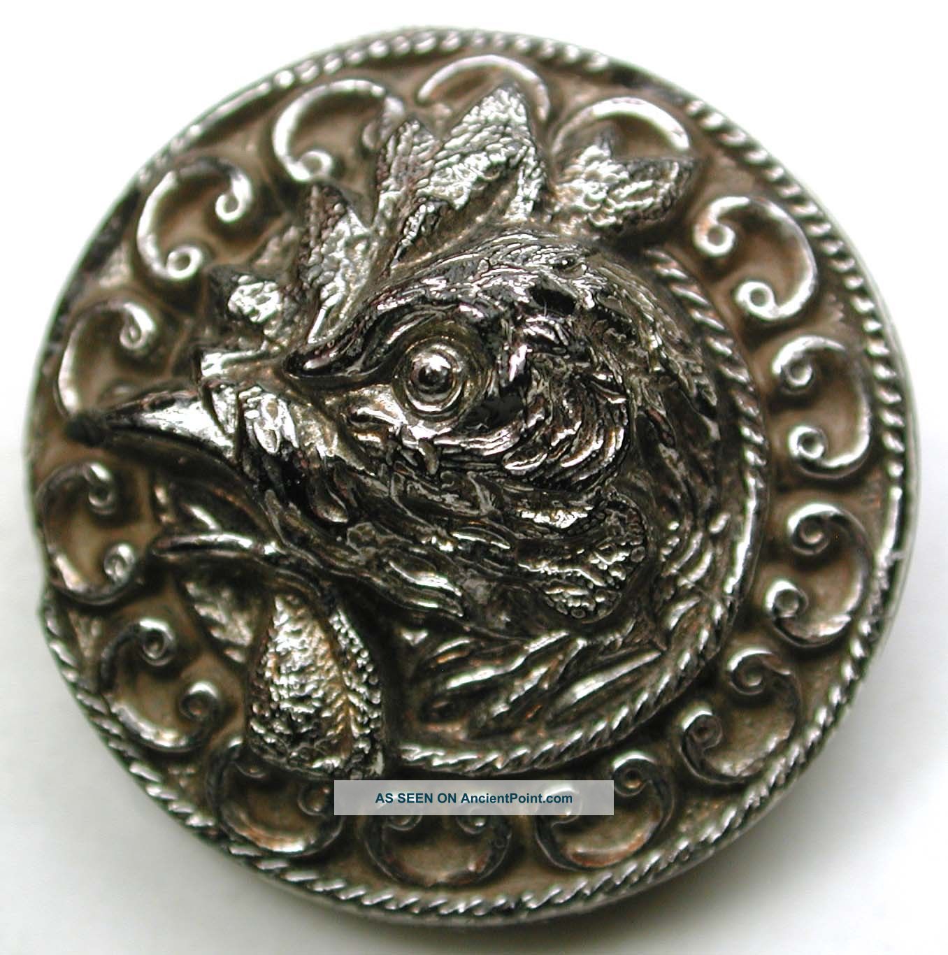 Med Antique Black Glass Button Fancy Rooster Head W/ Silver Luster - 7/8 