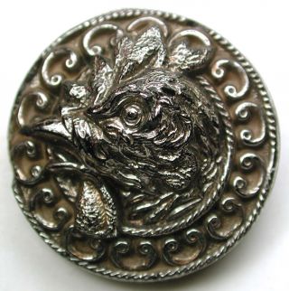 Med Antique Black Glass Button Fancy Rooster Head W/ Silver Luster - 7/8 