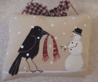 Primitive Folk Art Crow & Snowman Pillow Tuck Winter Friends Painted Wallhanging photo