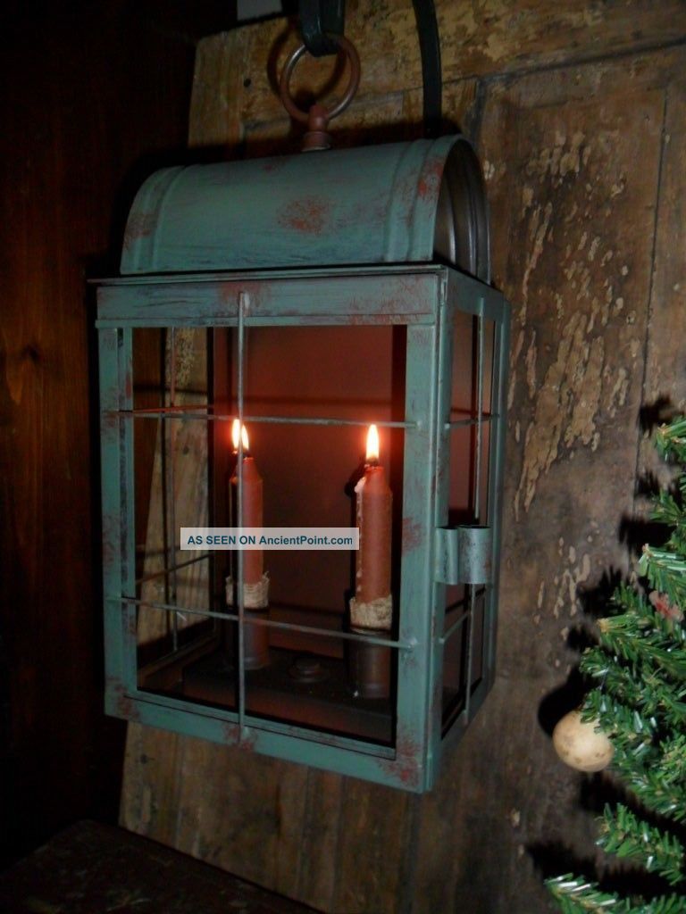 Primitive Metal Lantern,  Early Look Homestead Double Candle Light,  Hoosier Green Primitives photo