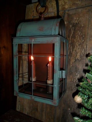 Primitive Metal Lantern,  Early Look Homestead Double Candle Light,  Hoosier Green photo
