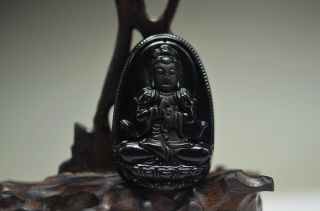 Delicate Chinese Obsidian Hand Carved Bodhisattva Pendant Fs52 photo