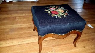 Antique Mahogany Saber French Leg Stool Ottoman Needlepoint Upholstery 19x17x15 photo