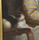 Large Antique Early 19thc Portrait Genre Oil Painting,  Young Girl W/ Cat & Yarn Other Antique Sewing photo 4