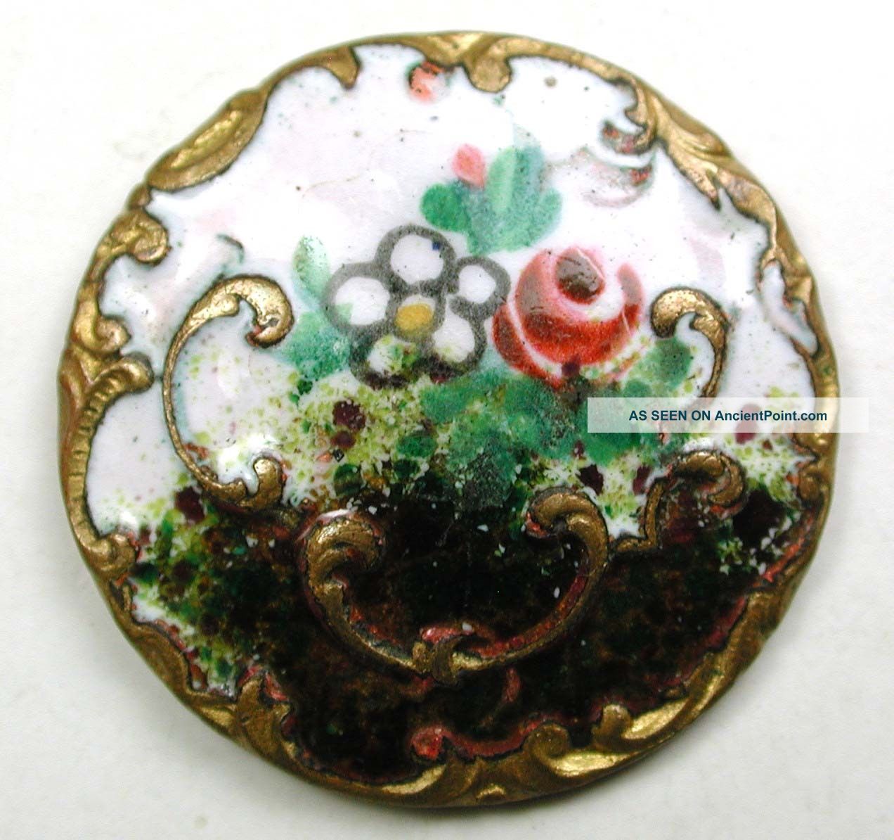 Antique French Enamel Button Hand Painted Flowers Fancy Brass Border 7/8 
