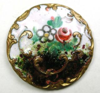 Antique French Enamel Button Hand Painted Flowers Fancy Brass Border 7/8 