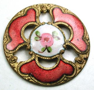 Antique French Enamel Button Pierced Hand Paint Rose & Pink Enamel Ks photo