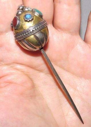 Antique Turkoman Pin.  850 Near Sterling Silver Brooch Jewels Bead Goldwash Old photo