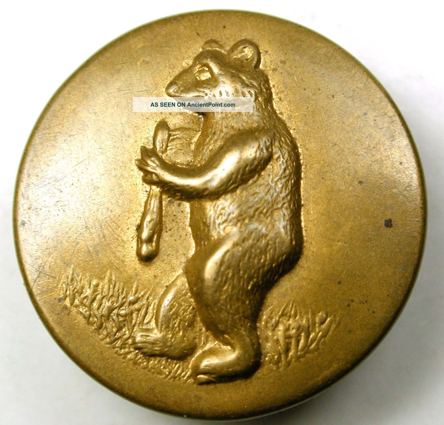 Antique Brass Political Button Teddy Bear Carrying A Big Stick - 7/8 