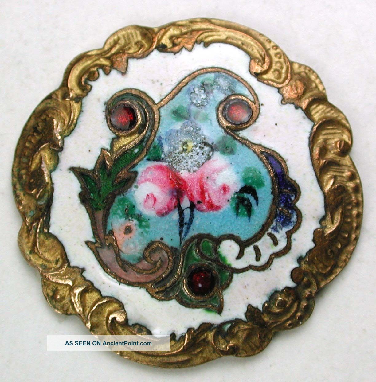 Antique Enamel Button Painted Flowers W Champleve & Brass Border Paris Back Ks Buttons photo