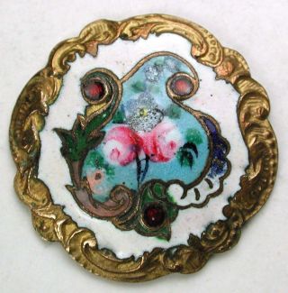 Antique Enamel Button Painted Flowers W Champleve & Brass Border Paris Back Ks photo