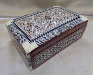 Gorgeous Antique Wooden Box W.  Ornate Mother Of Pearl Inlaid Geometric Designs photo