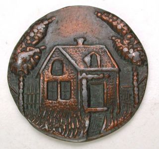 Antique Copper & Metal Button Cottage Scene 11/16 