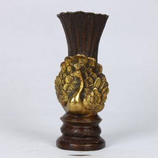 Chinese Bronze Gilt Copper Handwork Carved Peacock Vase W Qian Long Mark Csy306 photo