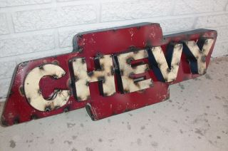 Recycled Scrap Metal Chevy Bowtie Sign Bar Rustic Auto Man Cave Garage photo